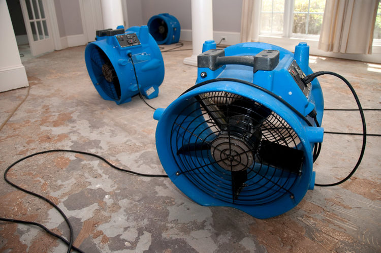 giant blue industrial drying fans on wet carpet